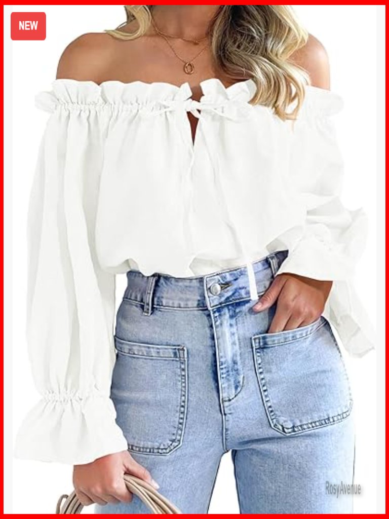 Off Shoulder Puff Sleeve Tie Front Loose Fit Blouse